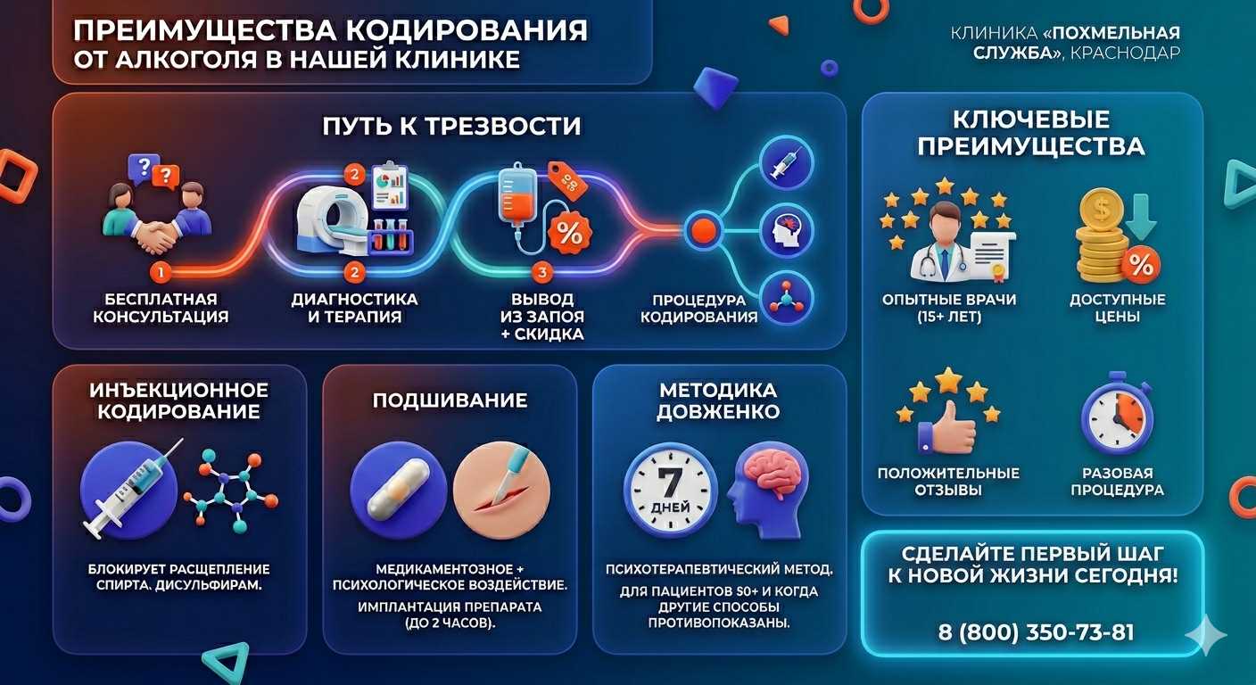 Инфографика о методах кодирования от алкоголя в Рыбном: инъекции, подшивание, метод Довженко. Преимущества клиники и этапы лечения.