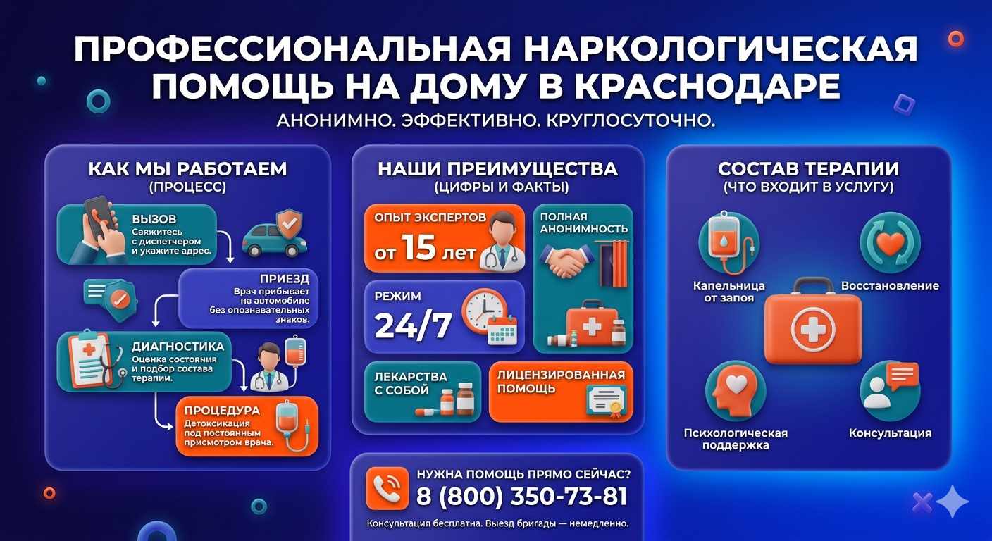 Инфографика о принципах лечения алкоголизма на дому в Рыбном: этапы вызова нарколога, преимущества анонимной детоксикации и состав медицинской помощи.